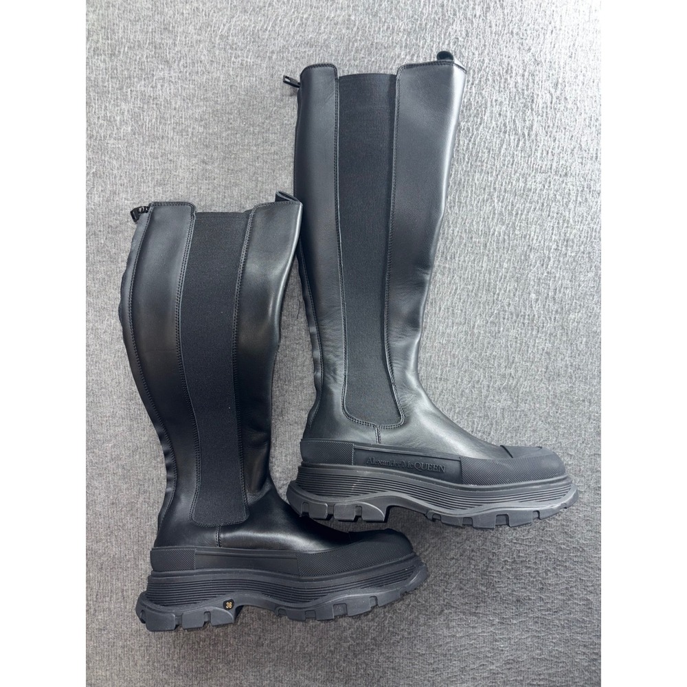 Alexander McQueen Black Leather Tread Slick Knee High Boots Size 36 Lug Sole